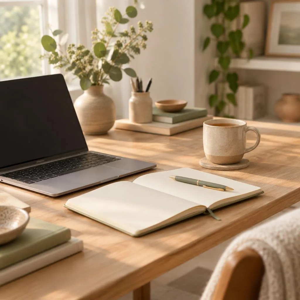 Calm home desk with laptop, notebook, pen and a mug of tea in morning light