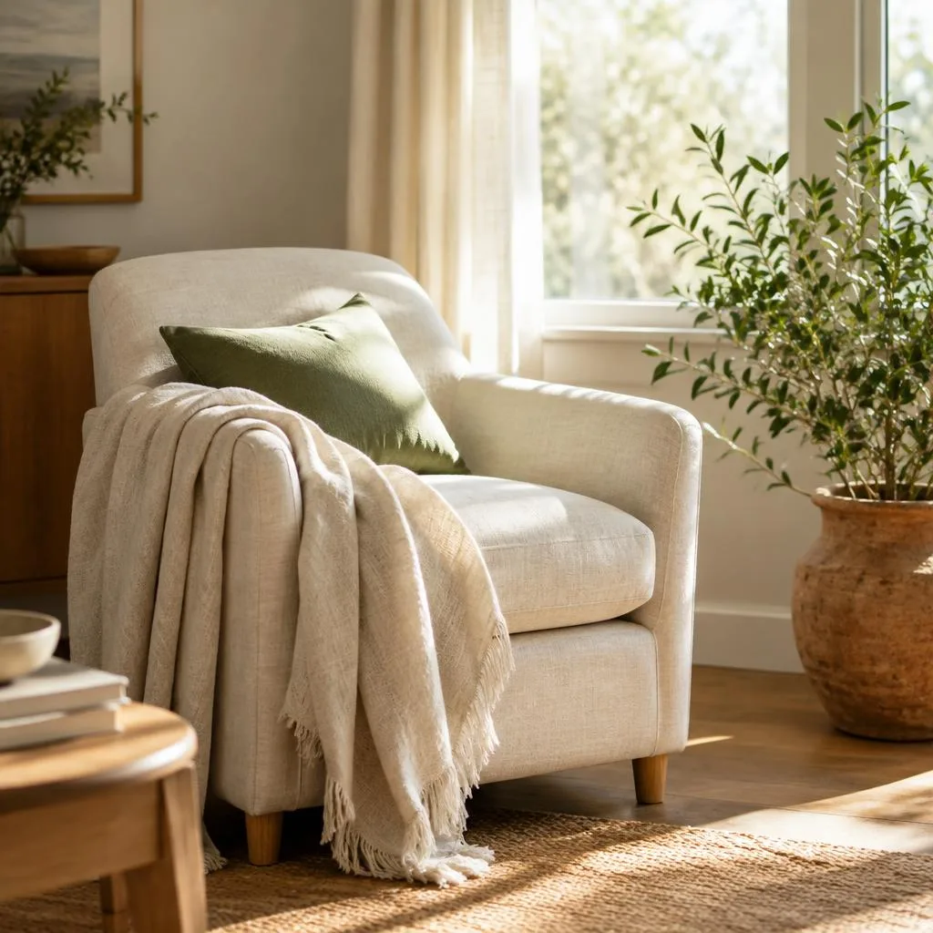 Sunlit linen armchair beside a window with a green plant