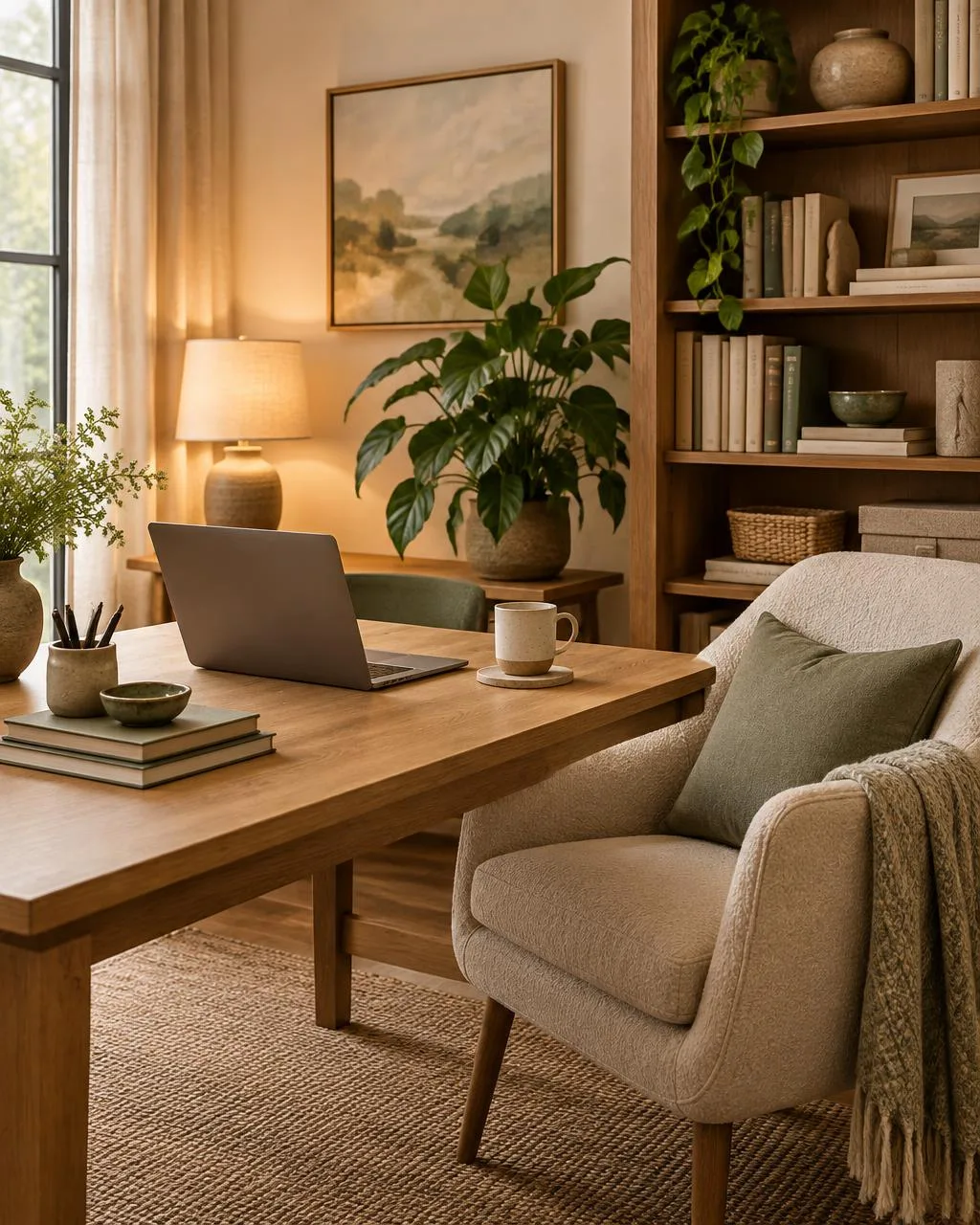 Warm, tidy virtual counselling workspace with laptop, armchair, bookshelf and lamp