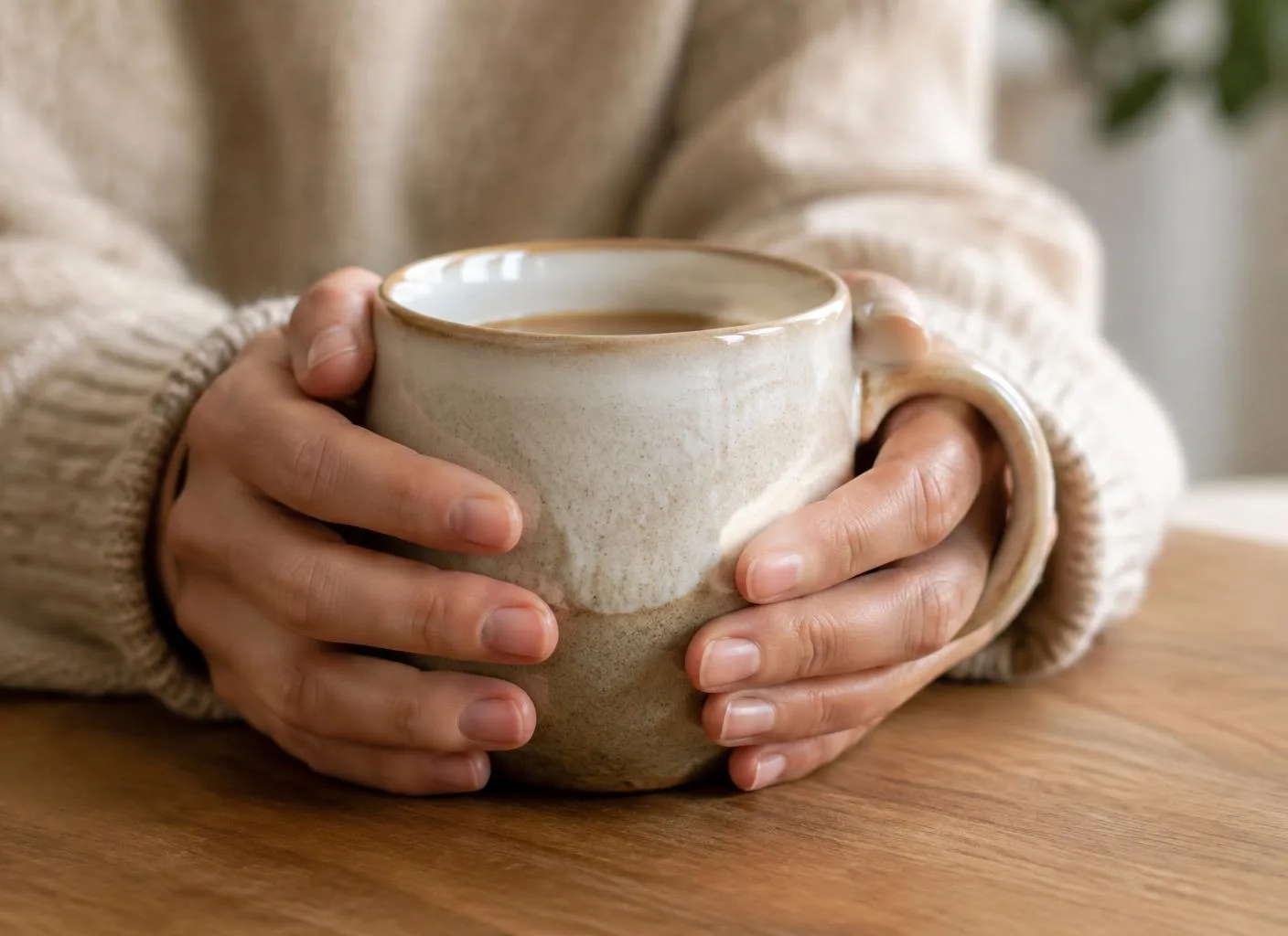 Two hands holding a warm mug on a wooden table